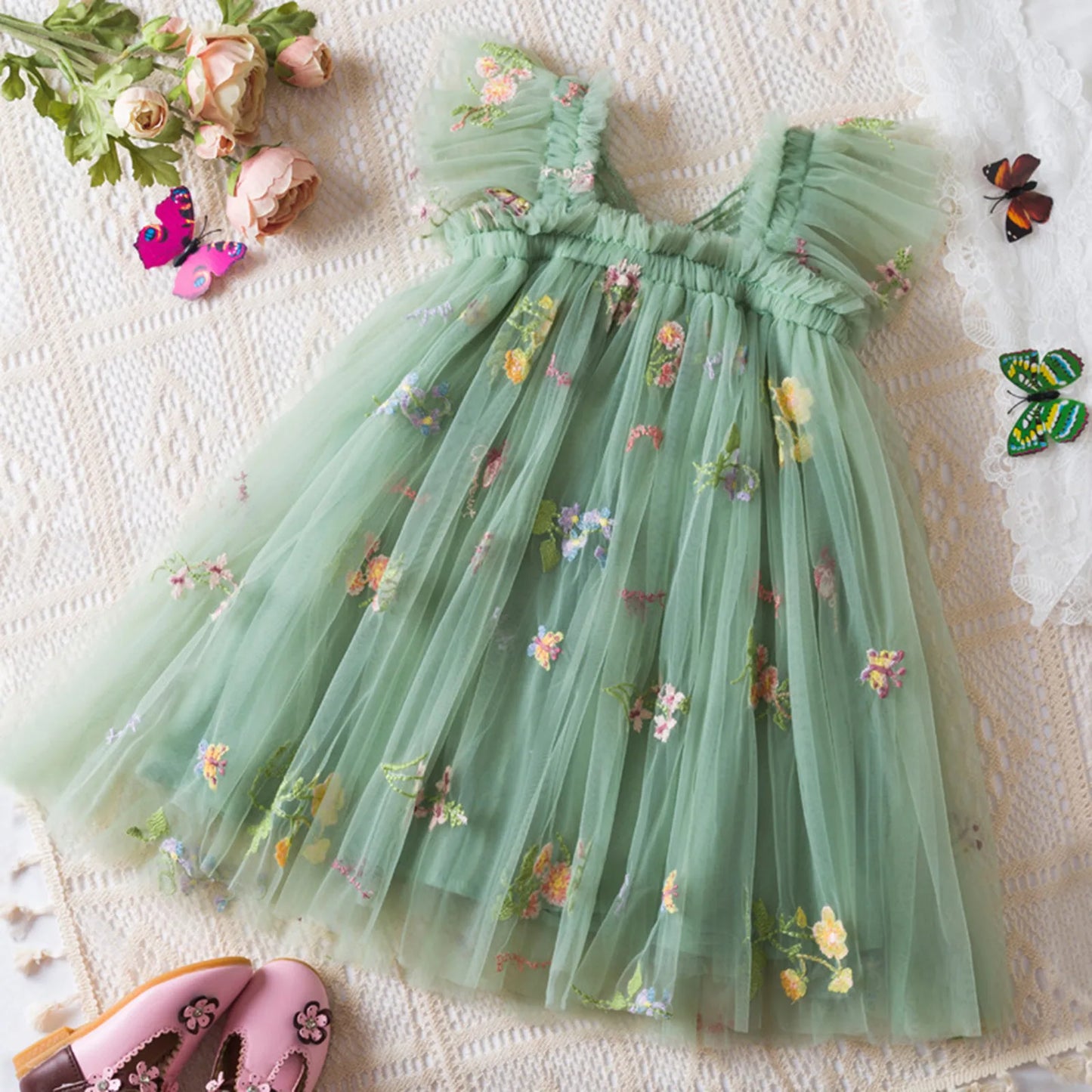 Delicate Party Prom Evening Dress Colorful Flower Embroidery Dresses Fashion Butterfly Princess Dress Birthday Princess Clothes