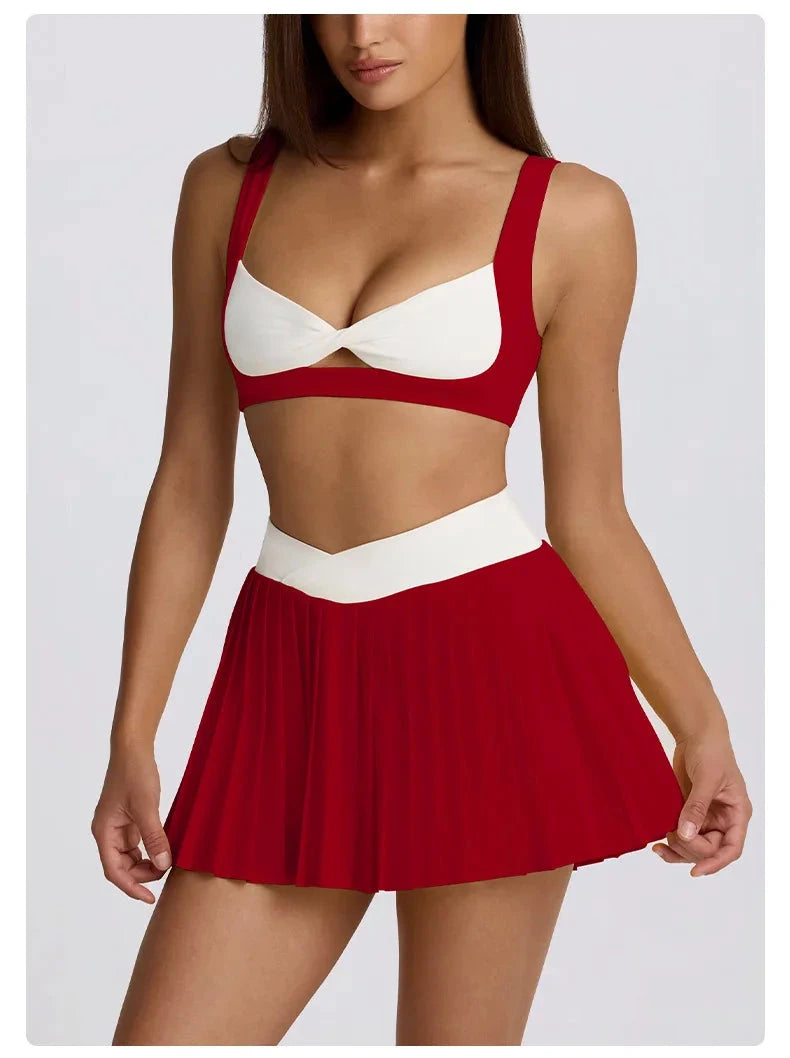 Sports Yoga Set 2 Pieces Women Tracksuit Sportswear Workout Running Clothing High Waist Short Skirt Sports Bra Athletic Wear