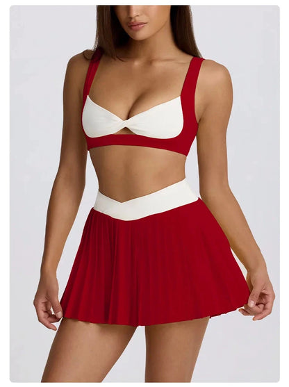 Sports Yoga Set 2 Pieces Women Tracksuit Sportswear Workout Running Clothing High Waist Short Skirt Sports Bra Athletic Wear