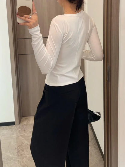 Women's Sports Quick Drying Fitness Yoga Top Simple Black White Long Sleeved Threaded T-shirt Fashion Solid Color Cotton T-shirt