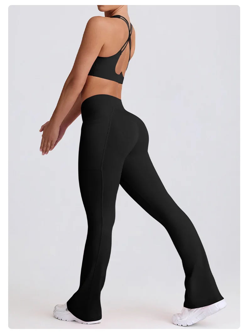 2PCS Yoga Set Women Sports Bra Sexy Gym Top Cross Strap Breathable Fitness Bra Peach Hip Yoga Pants Workout Clothes Sportswear