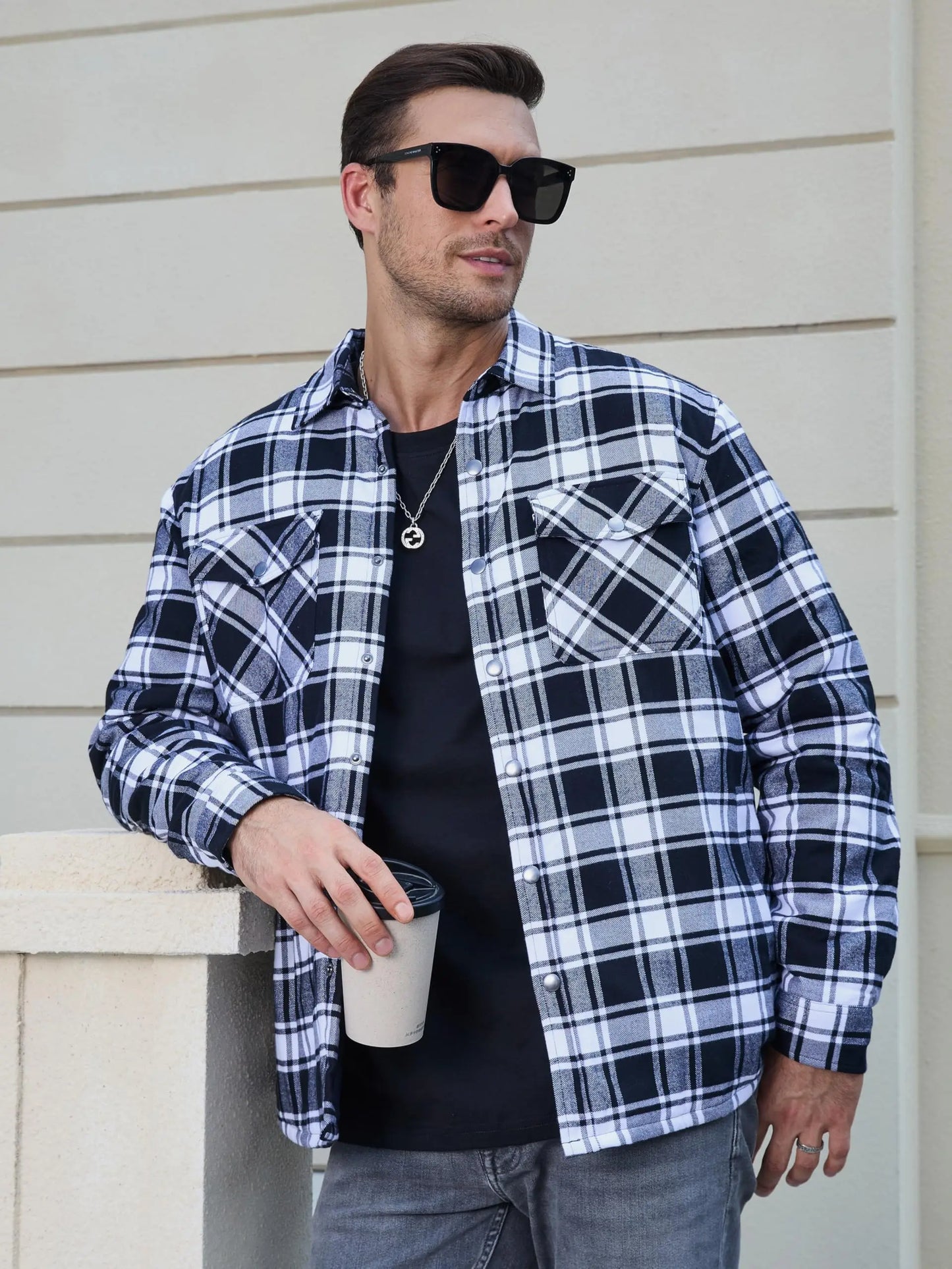TACVASEN Winter Plaid Cotton Jackets Mens Long Sleeve Quilted Lined Flannel Shirt Jacket Multi-Pockets Outwear Hiking Coats Tops