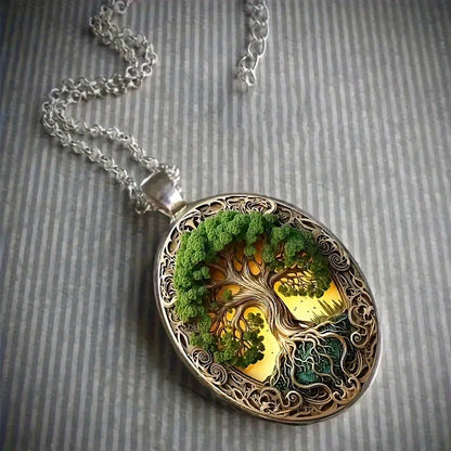 New Fashionable and Elegant Tree of Life Pattern Elliptical Glass Alloy Pendant Necklace Jewelry Wholesale--