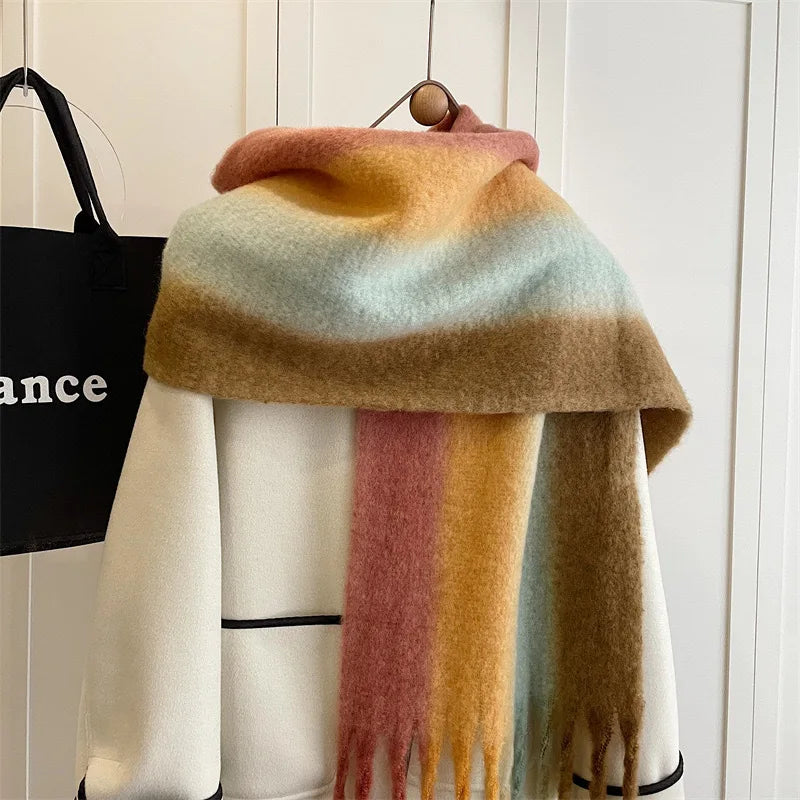 New Fashion Mohair Stripted Tassel Scarf Women Autumn Winter Korean Version Thickened Warm Soft Female Shawl Colorful Muffler