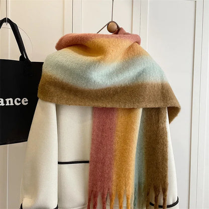 New Fashion Mohair Stripted Tassel Scarf Women Autumn Winter Korean Version Thickened Warm Soft Female Shawl Colorful Muffler