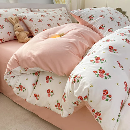 Korean Retro Floral Bedding Set 100% Washed Cotton Bed Sheets Set Soft Duvet Cover Bed Linen Pillowcase Single Double Queen King - AMULET RING STORE