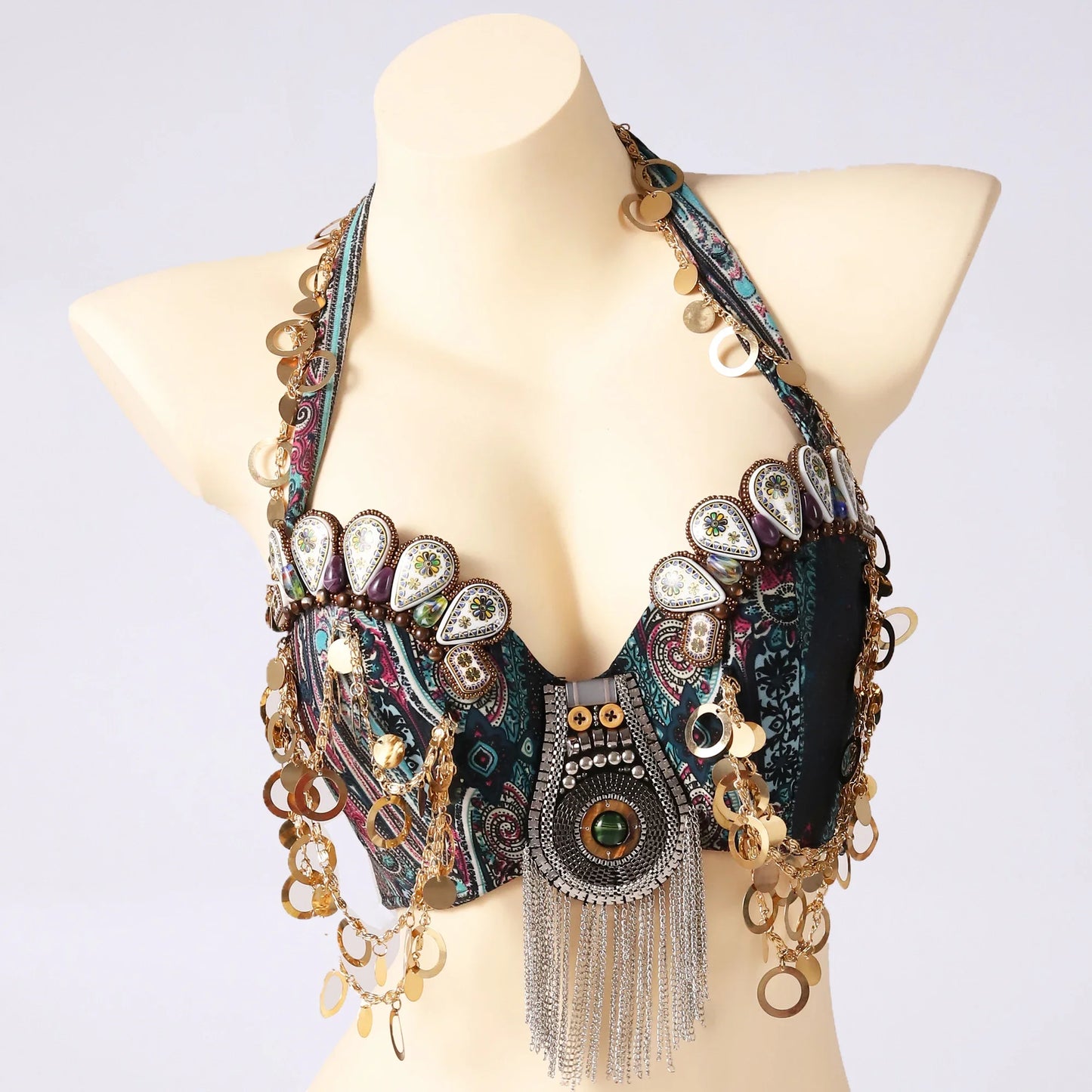 Vintage Gypsy Bra Tribal Belly Dance Push Up Bra Wooden Beads Top with Swags and Turquoise Medallion