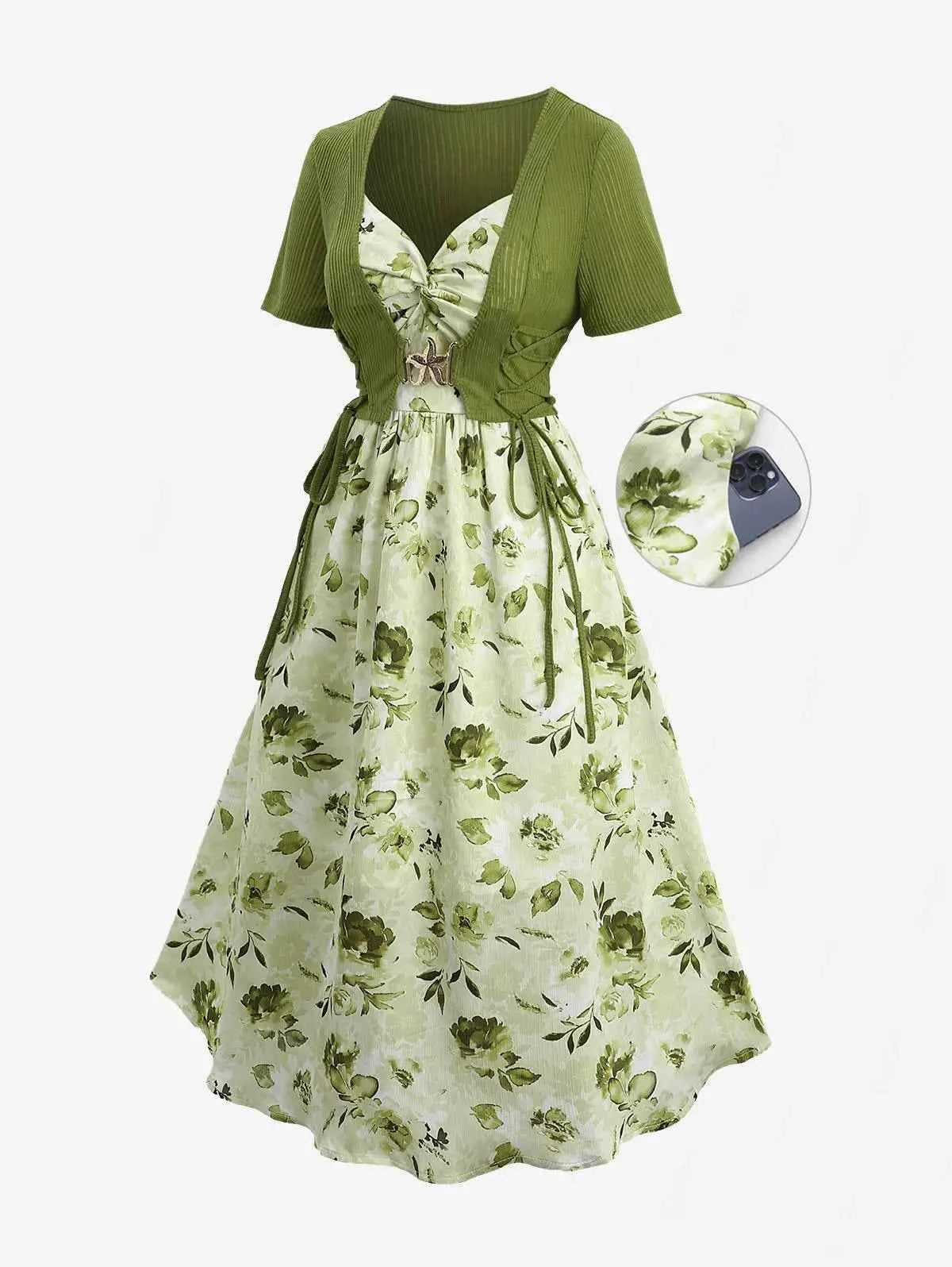 ROSEGAL Plus Size Women Floral Sundress Set Lace Up Ribbed Crop Top And Ruffles Floral Leaf Print Twist Cami Dres New Arrived