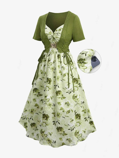 ROSEGAL Plus Size Women Floral Sundress Set Lace Up Ribbed Crop Top And Ruffles Floral Leaf Print Twist Cami Dres New Arrived