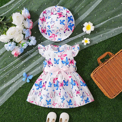 Girls Butterfly Print Dress Set with Flying Sleeves Pink Belt Waist Cinch Matching Hat Ensemble for Children's Clothing