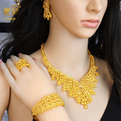 XUHUANG Luxury Dubai Crystal Gold Color Necklace Sets For Women Wedding African Jewelry Set Indian Jewellery Anniversary Gifts