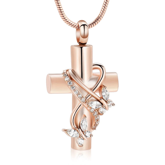 Memorial Jewelry  Crystal Butterfly Cross Stainless Steel Cremation Necklace Urn Pendant For Ashes Women Men Best Gifts
