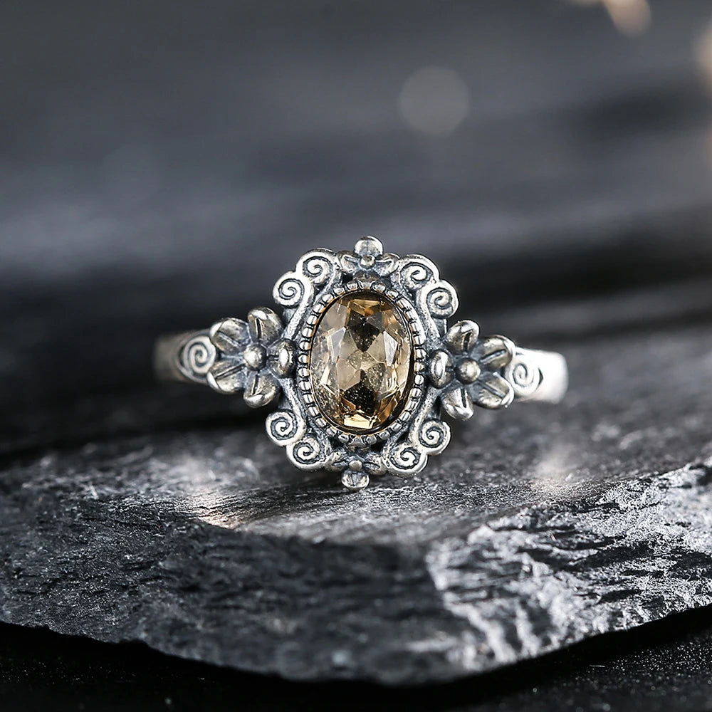 S925 Sterling Silver Citrine Ring Adjustable Stackable Bands Yellow Crystal November Birthstone Handmade Floral Boho Jewelry - AMULET RING STORE