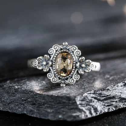 S925 Sterling Silver Citrine Ring Adjustable Stackable Bands Yellow Crystal November Birthstone Handmade Floral Boho Jewelry - AMULET RING STORE