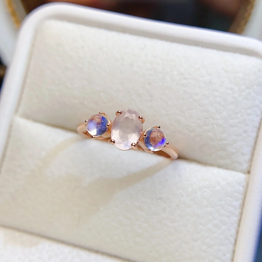 FS 5*7mm Natural Rose quartz Moonstone Ring S925 Sterling Silver Fine Charm Weddings Jewelry for Women MeiBaPJ With Certificate
