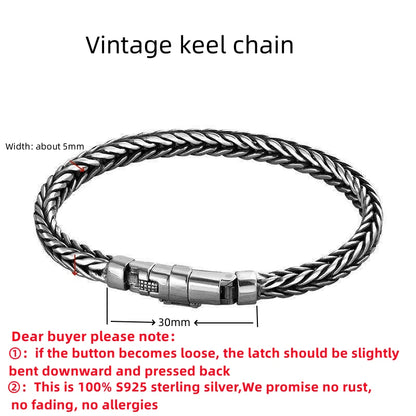 100% S925 Sterling Silver Handmade Woven Retro Domineering Style Personality Keel Man Woman Pure S925 Silver Bracelet Jewelry - AMULET RING STORE