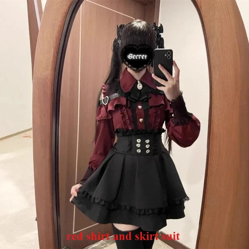 Sweet Gothic Lolita Two Piece Set, Off Shoulder Blouse + High Waist Skirt, Kawaii Tri-color Lace Coord Outfit for Women & Teens