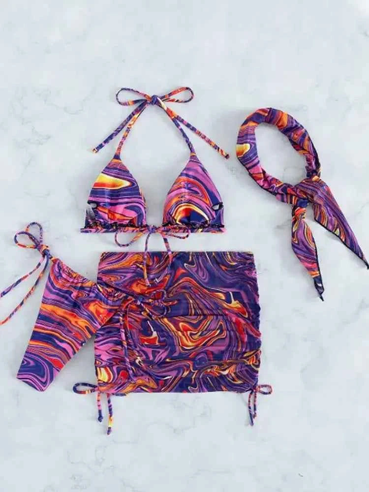 2024 New Wave Print Swimsuit Sexy Bathing Suits 4 Piece Bikinis Beach Sarong Micro Thong Swimwear Women Beachwear