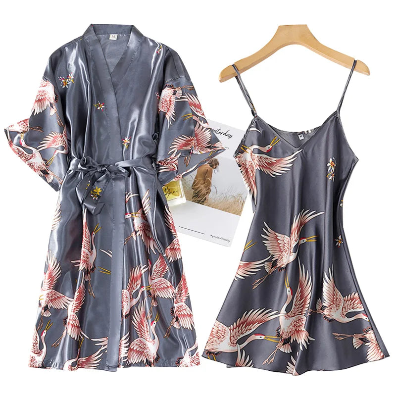 Sexy Nightwear Gown Set Women 2PC Pyjama V-Neck Pajamas Silky Sleepwear Spring Lady Sleep Suit Robe Wear Home Negligee Homewear