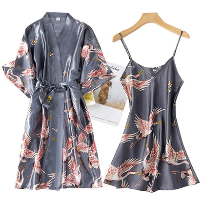 Sexy Nightwear Gown Set Women 2PC Pyjama V-Neck Pajamas Silky Sleepwear Spring Lady Sleep Suit Robe Wear Home Negligee Homewear