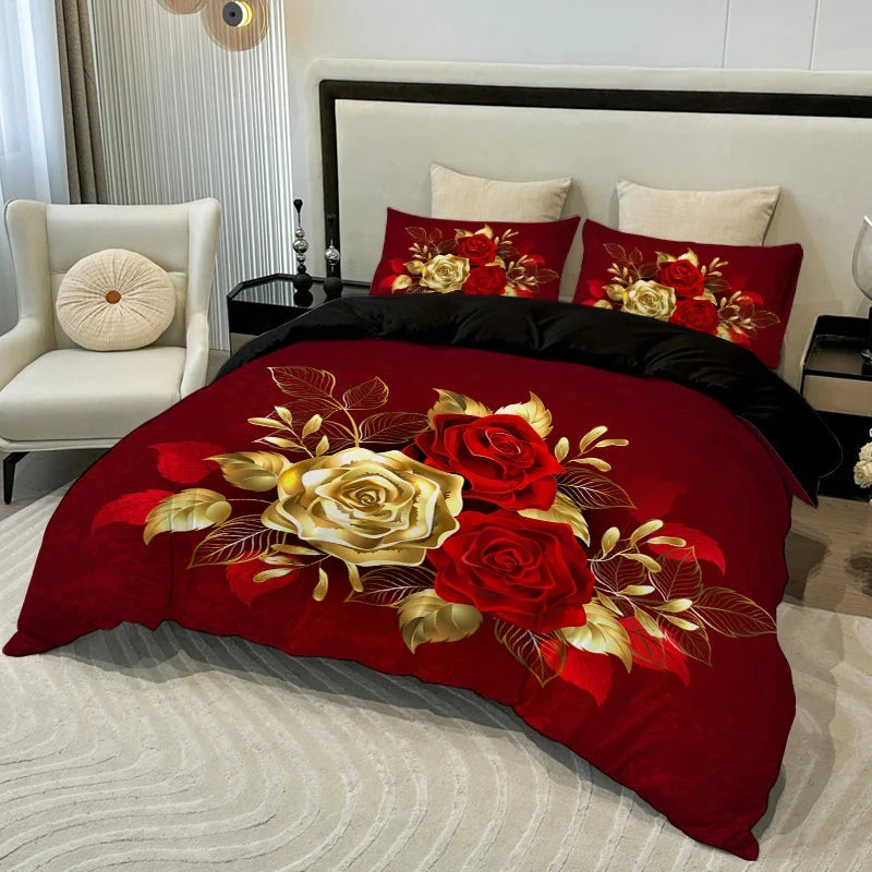 3pcs Golden Rose Duvet Cover Set，Soft And Breathable Bedroom And Dormitory Bedding，Includ (Duvet Cover*1+Pillowcase*2) - AMULET RING STORE
