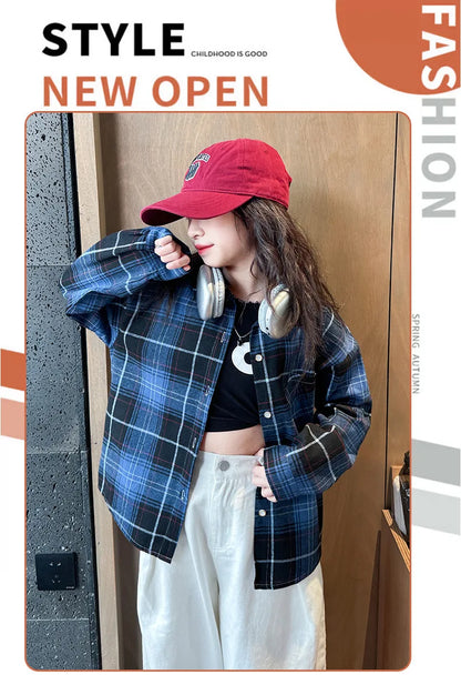 2025 Spring Girls Plaid Shirt Comfort Fashion Teen Kids Tops Clothes Casual All-match Long Sleeve Children Blouse 10 12 13 Years