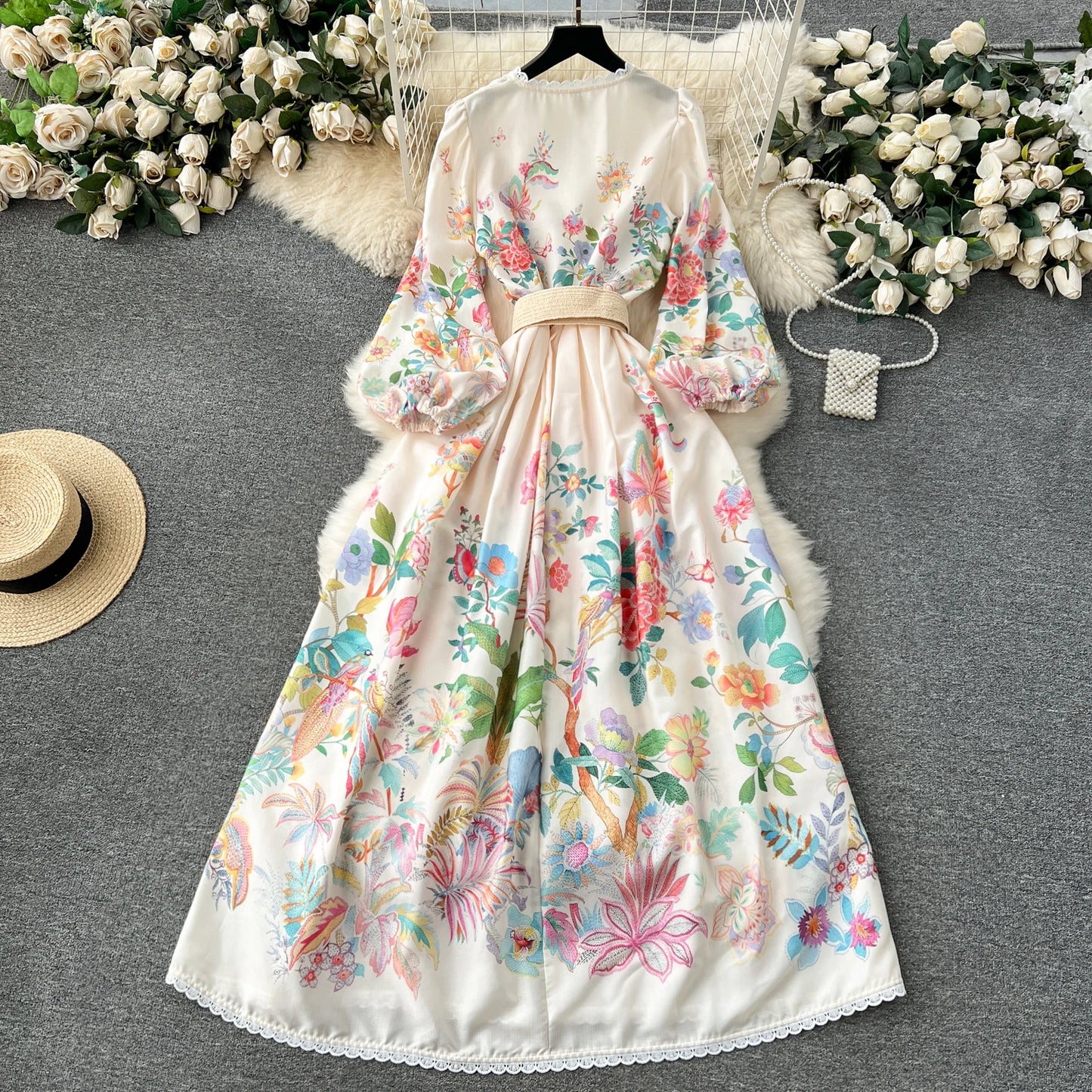 Summer Holiday Flower Robe Dress Women Lace Splicing V-Neck Long Lantern Sleeve Sashes Floral Print Maxi Vestidos Clothes 6272