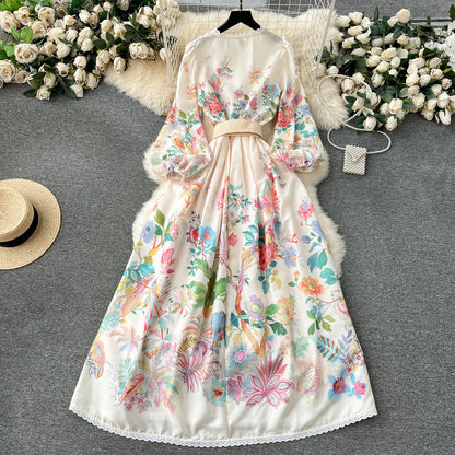 Summer Holiday Flower Robe Dress Women Lace Splicing V-Neck Long Lantern Sleeve Sashes Floral Print Maxi Vestidos Clothes 6272