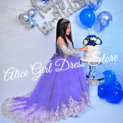 Customized Royal Blue Princess Flower Girl Dress for Wedding Lace Appliques Full Sleeve Baby Birthday Dress First Communion Gown