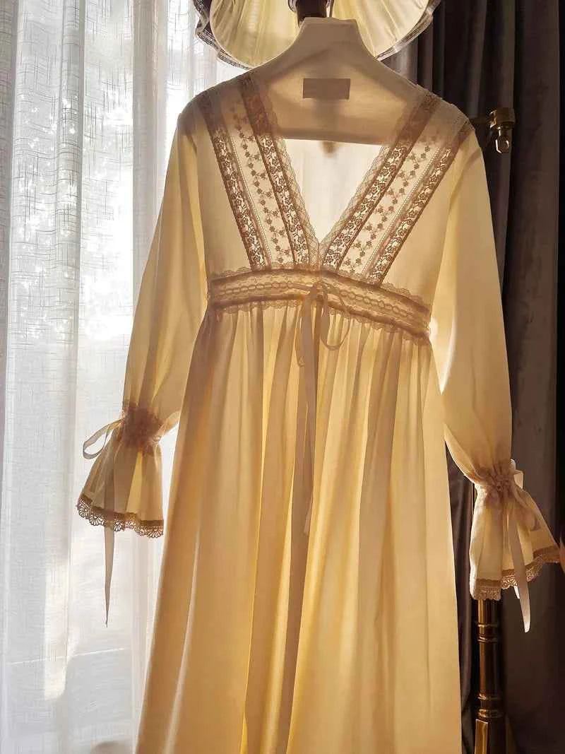 Vintage Embroidery Cotton Long Nightgowns For Lady Lace  Long Sleeve Beige Elegant Nightshirts Comfortable Sexy Night Dress