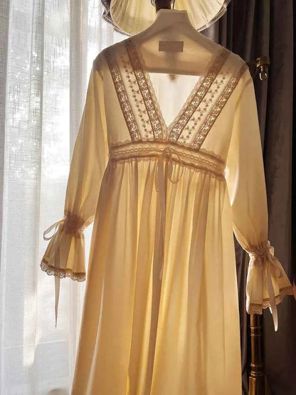 Vintage Embroidery Cotton Long Nightgowns For Lady Lace  Long Sleeve Beige Elegant Nightshirts Comfortable Sexy Night Dress
