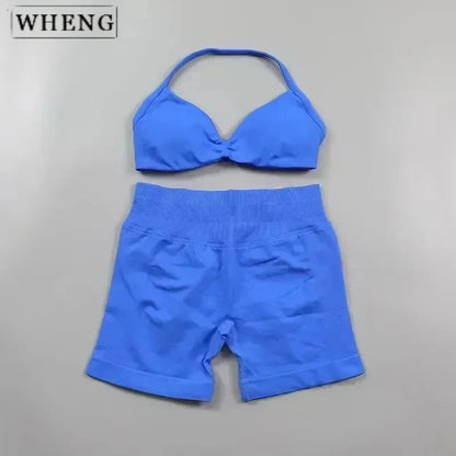 WHENG 2PCS Yoga Fitness Suit Women's Seamless Lace-Up Yoga Bra Top High Waist Workout Scratch Shorts Sports Suit Fitness Suit