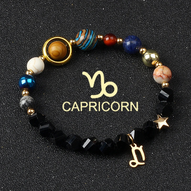 Universe Galaxy Eight Planets 12 Constellation Bracelets for Women Natural Stone Solar System Bracelets Libra Virgo Leo Jewelry