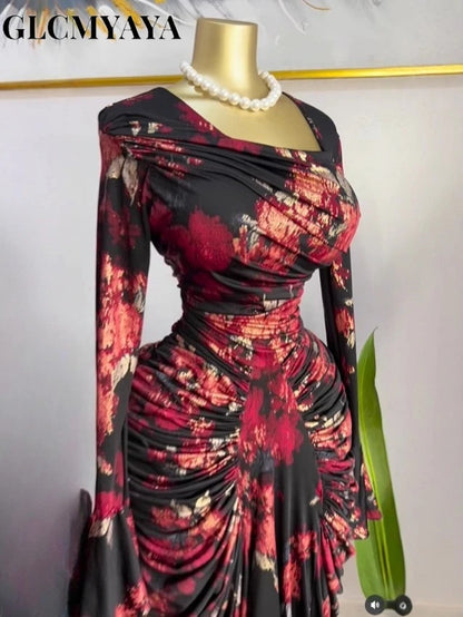 CM.YAYA Women Tie Dye Printed Skew Neck Long Sleeve Ruched Stacked Maxi Long Dress 2025 Fall Evening Birthday Sexy Party Dresses