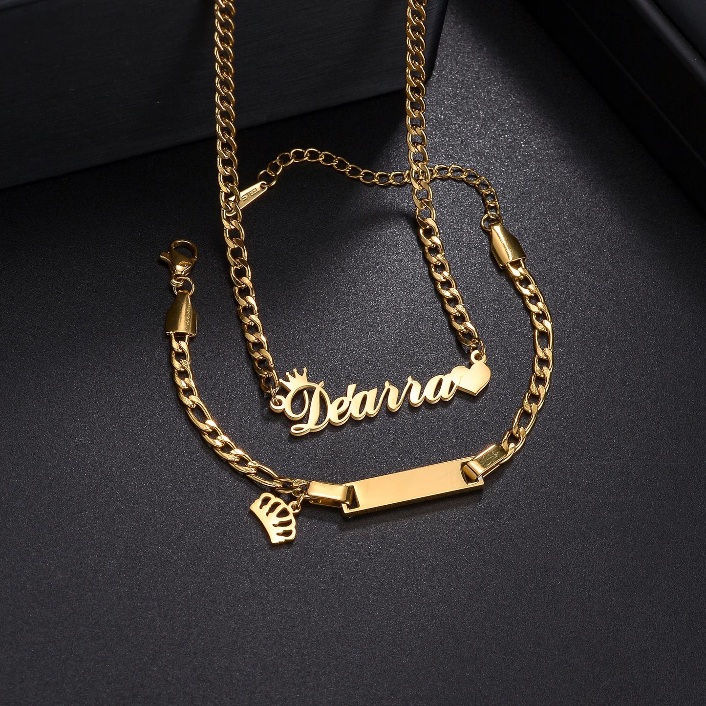 Custom Engrave Children's Name Bracelet 35cm Necklace Stainless Steel Jewelry Sets for Kids Baby Personlized Crown Birthday Gift