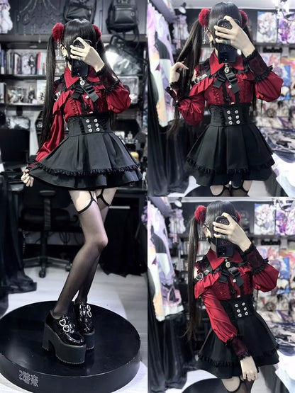 Sweet Gothic Lolita Two Piece Set, Off Shoulder Blouse + High Waist Skirt, Kawaii Tri-color Lace Coord Outfit for Women & Teens