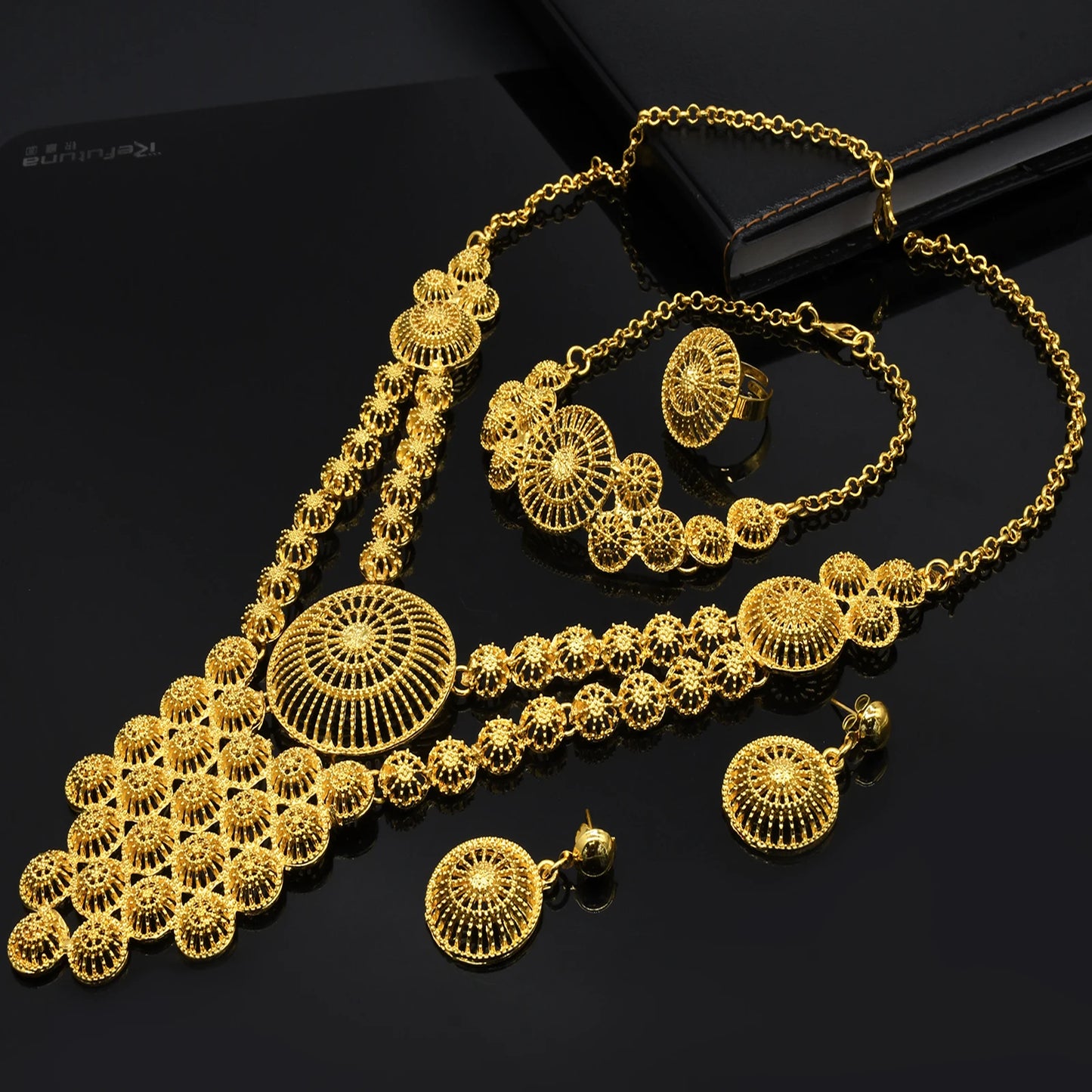Wholesale African 24K Gold Color Long Necklace Jewelry Set Nigerian Party Bridal Wedding Ethiopian Luxury Dubai Indian