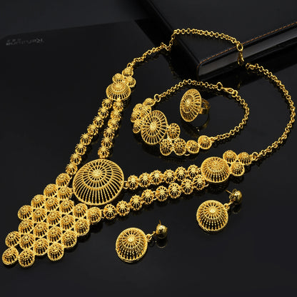 Wholesale African 24K Gold Color Long Necklace Jewelry Set Nigerian Party Bridal Wedding Ethiopian Luxury Dubai Indian