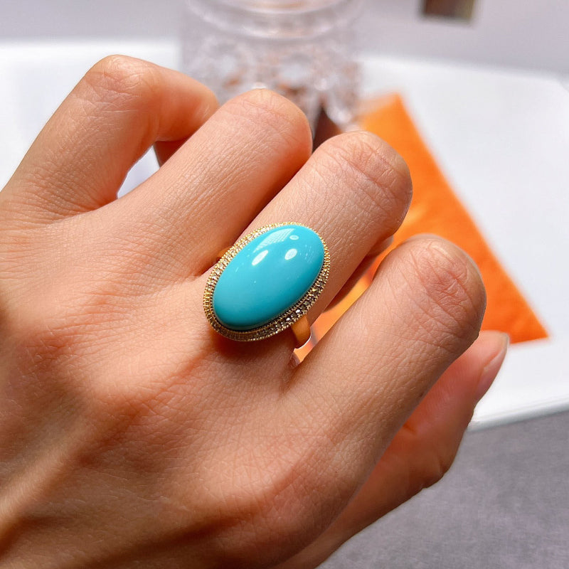 Original design Large oval turquoise rings for women Classic ethnic style Simple blue engagement banquet jewelry adjustable