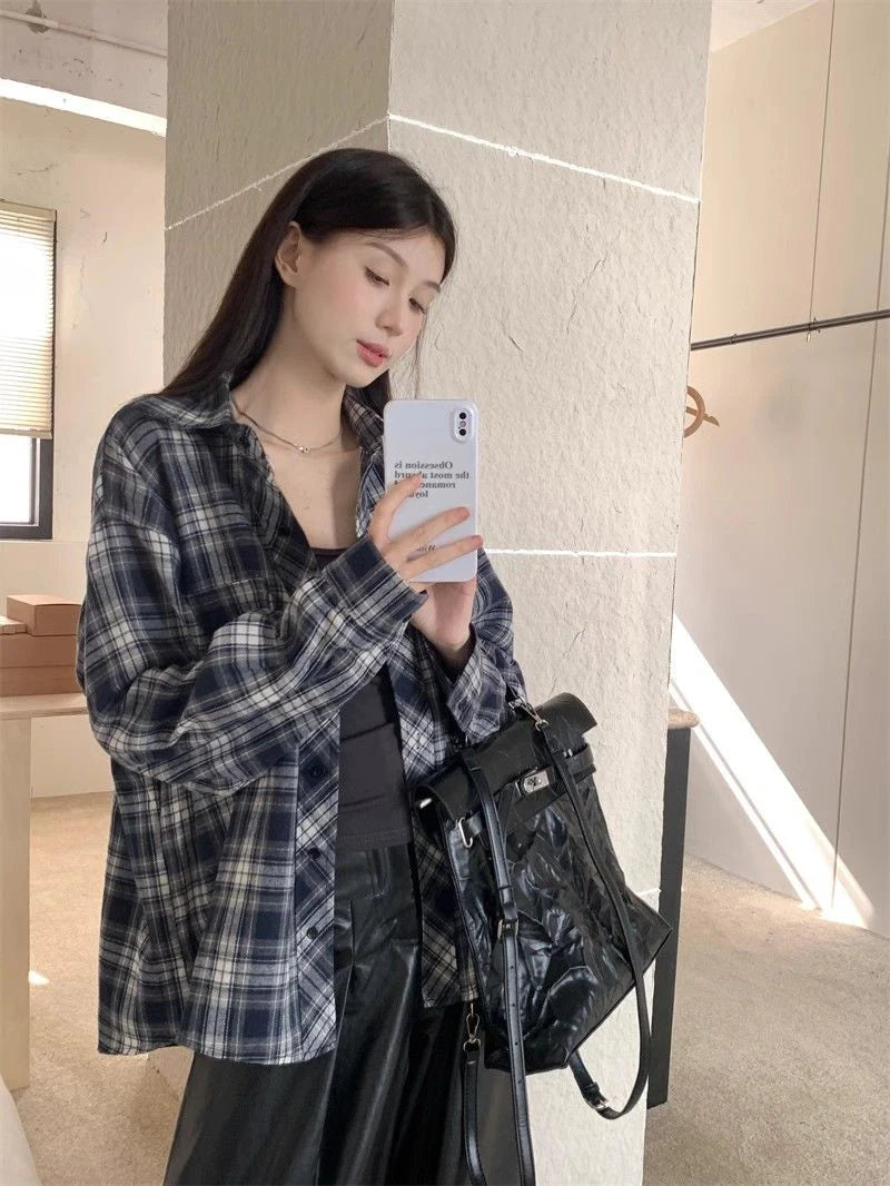 Zoki American Y2K Plaid Shirt Women Loose Streetwear Long Sleeve Vintage Blouse Casual Oversize All Match Female Spring Tops New - AMULET RING STORE