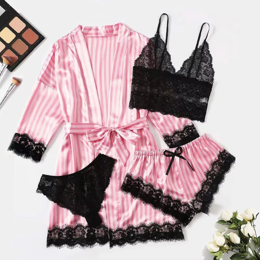 2025New Women's Pajama Fashion 4-piece Set Lace Satin Strap Sexy Pajama Set Dress Skin friendly Comfortable Casual Pajama Skirt - AMULET RING STORE