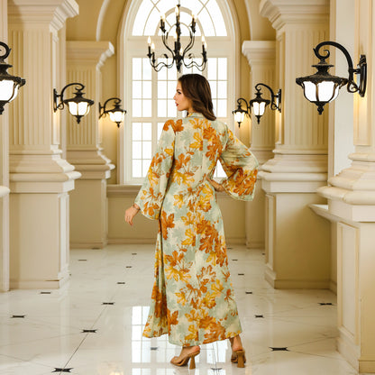 Elegant Middle Eastern Abaya Dress - Long Sleeve Geometric Print Loose Fit Kaftan with Embroidery Detail, Floor-Length Muslim Dr - AMULET RING STORE