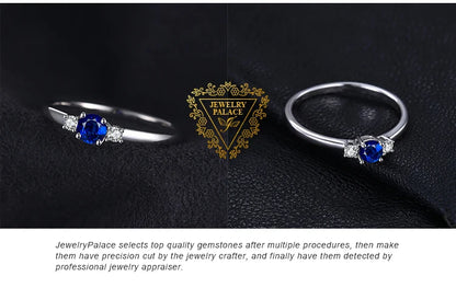 JewelryPalace Created Blue Sapphire 925 Sterling Silver 3 Stones Promise Ring for Women Fashion Gemstone Jewelry Wedding Gift