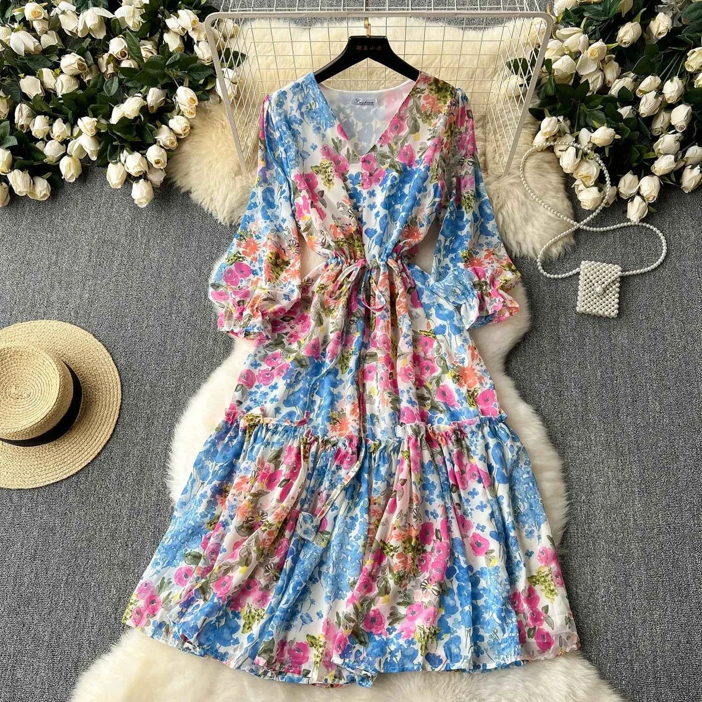 2026 Romantic Floral Print Chiffon Long Sleeve Dress Women Sexy V-neck A Line Beach Vestidos Elegant Elastic Waist Party Dress