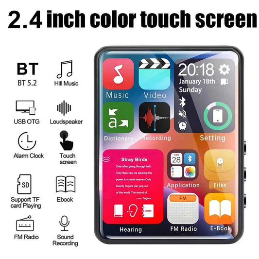 2.4-inch touchscreen MP3 player Built-in 4GB Bluetooth MP4 player Memory expansion, audio recording, FM radio, video playback.