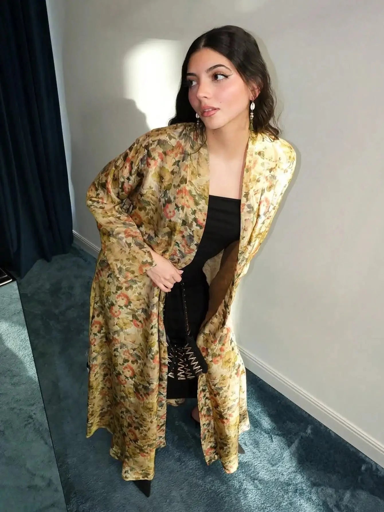 Middle Eastern Printed Floral Abaya Muslim Full Sleeve Loose Open Front Abayas Elegant Kaftan Women Jilbabs Arabian Maxi Dresses - AMULET RING STORE