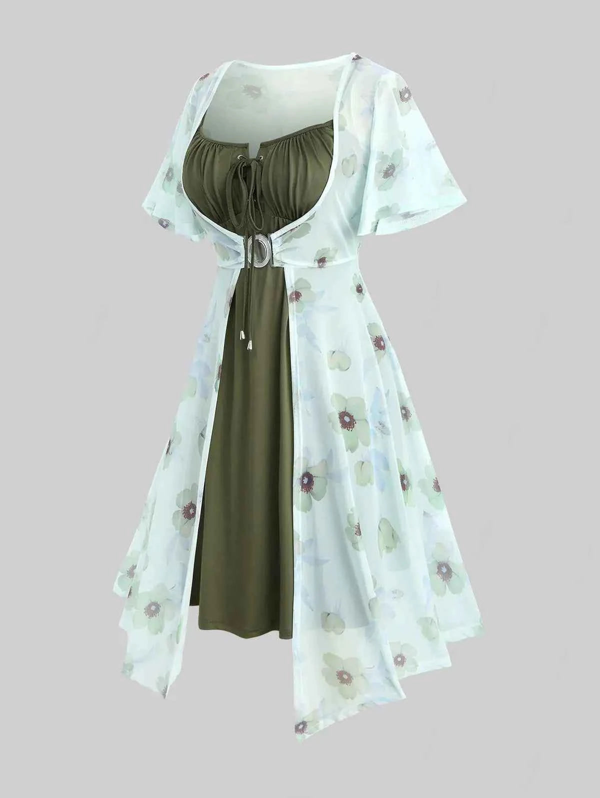 ROSEGAL Plus Size Flutter Sleeves Floral Dress and Lace-up A Line Cami Dress Set