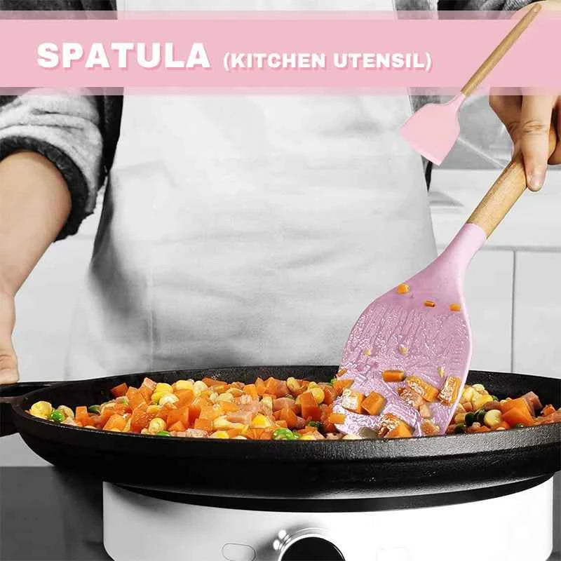 Silicone Cookware Set 12pcs Kitchen Utensil Wooden Handle Non-stick Spatula Shovel Spoon Kitchen Cooking Specialty Tools