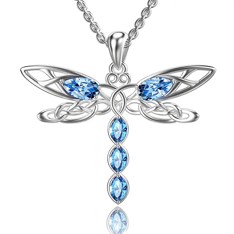 Huitan Blue CZ Dragonfly Necklace for Women New Fashion Animal Pendant Necklace Party Exquisite Girls Gift Statement Jewelry - AMULET RING STORE