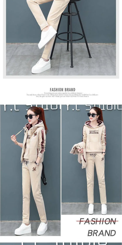 Women's Fashion Plush Thickened Sweat Suit 2025 Autumn Winter New Casual Hooded Tops Waistcoat Pants 3 Three Piece Set For Women